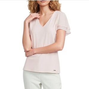 NWT Calvin Klein Chiffon Crew Neck Flutter Sleeve Blouse,blush pink, size medium